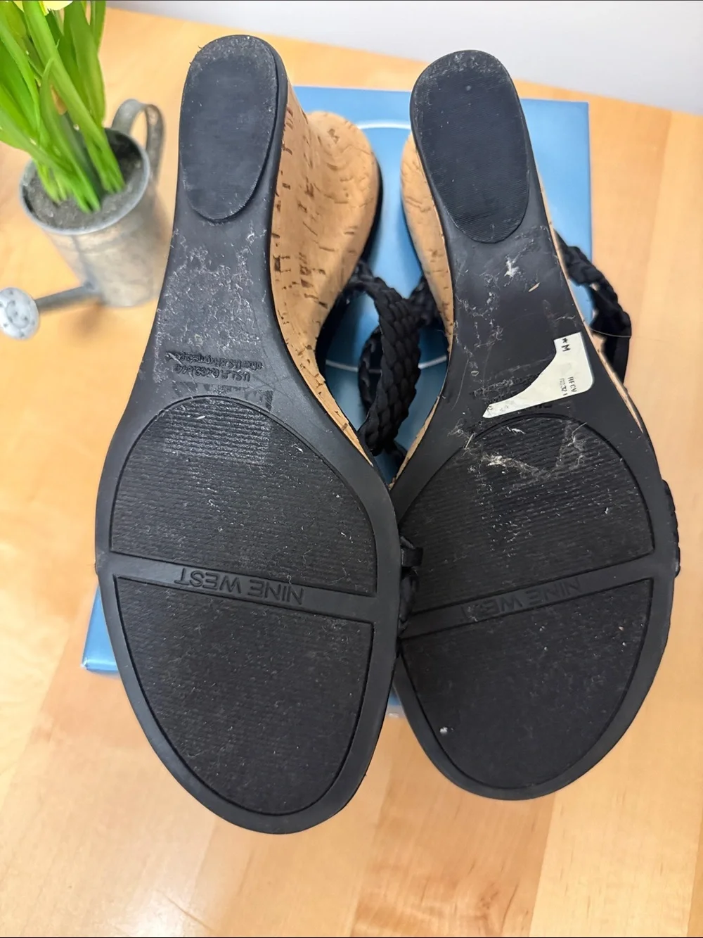 Nine West Black Braided Cork Wedge Sandals